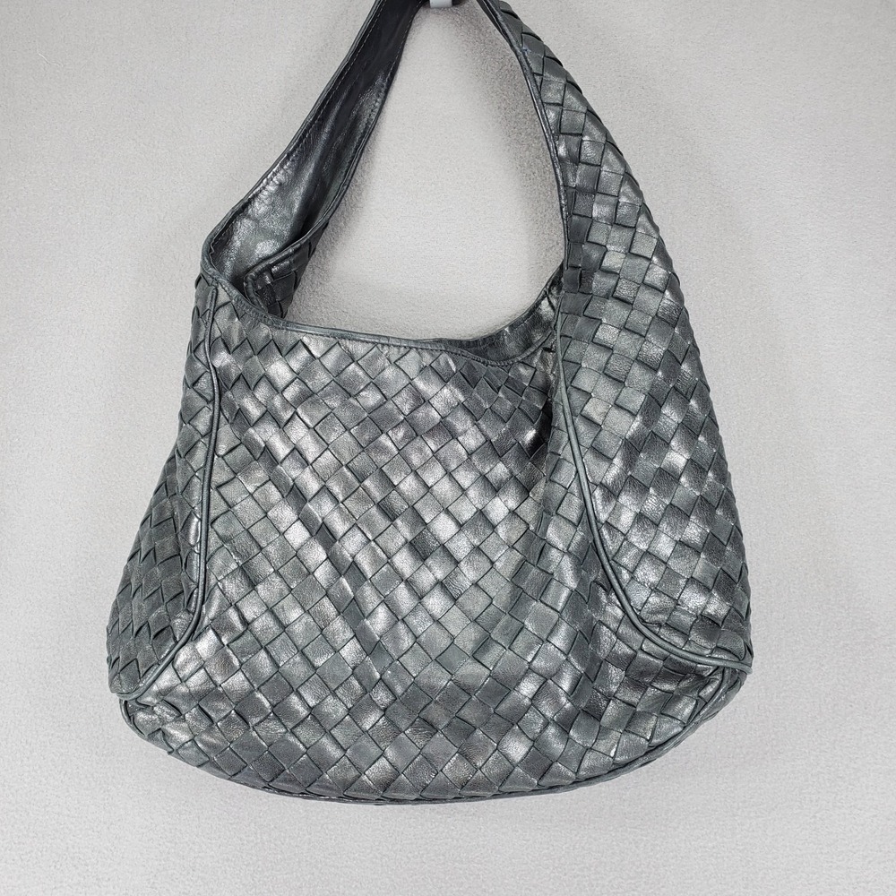 Michael Kors Gray‎ Gunmetal Woven Leather Satchel Boho Handbag Purse Slouchy - Picture 2 of 8